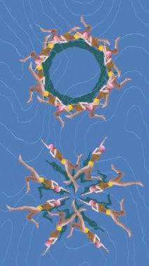 Hareketi durdur. Animasyon. Pembe şapkalı senkronize sarı mayo mayo yüzücüler çift mandala hareketinde dönüyor ve illüzyon çizgileri akıyor. Yaz, tatil, tatil, spor, moda ve tarz kavramı.