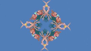 Hareketi durdur. Animasyon. Kırmızı ve leylak yüzücüler mavi tuval boyunca simetrik çiçek illüzyonları içinde kıvrılıp genişlediler. Yaz, tatil, tatil, spor, moda ve tarz kavramı.