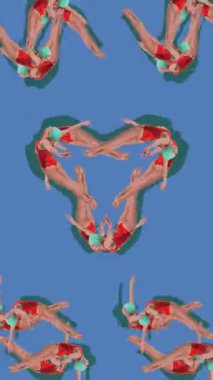 Hareketi durdur. Animasyon. Kırmızı mayo sporcularının spiral yönde uçup havadar yıldız şekilli desenler oluşturdukları yanılsaması. Yaz, tatil, tatil, spor, moda ve tarz kavramı.