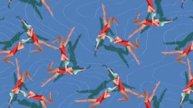 Hareketi durdur. Animasyon. Kırmızı mayo yüzücüleri üçgen biçiminde aynalı gölge hatlarıyla gerçeküstü dalış illüzyonu oluşturuyorlar. Yaz, tatil, tatil, spor, moda ve tarz kavramı.