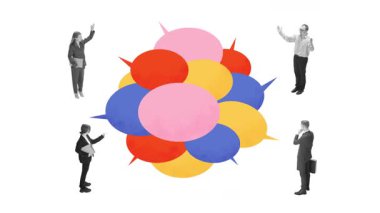 Hareketi durdur. Animasyon. Üst üste binen konuşma baloncukları, müzakere, beyin fırtınası ve stratejik planlamayı temsil eden profesyoneller. Kurumsal tartışma ve karar verme kavramı.