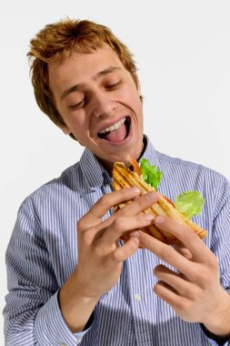 Genç adam neşe içinde gülerken, beyaz stüdyo arka planında domates ve marullu sandviç yemeye hazırlanıyor. Yemek heyecanı kavramı, nefis.