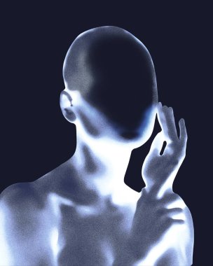 Kavramsal sanat eserleri. Yüze dokunan parlak bir figür düşünceli bir jest, havalı parıltı derin tonlarda vücut, solgun hatlar. Dokulu ses efekti. Duygu, yansıma, kimlik kavramı