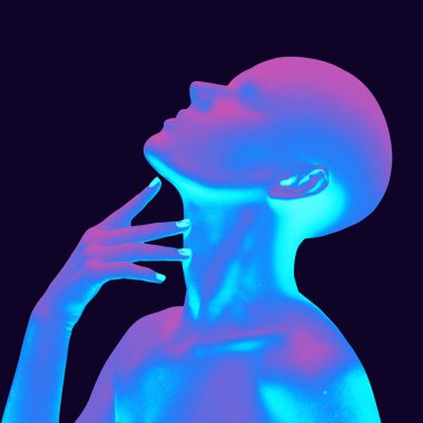 Dijital portre. Parlak neon ve pembe ışık yüzsüz kafanın etrafını sarar yukarı doğru eğilir, parmaklar nazikçe boyun üzerinde dinlenir, duygusal duruş. Dokulu ses efekti. Arzu kavramı, gerilim, güzellik