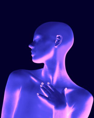 Soyut kompozisyon. Yüzü olmayan neon rengi figür, elleri göğsüne yerleştirilirken yüzünü çeviriyor. Vücudundaki yumuşak ışık, ses efektinin dokusunu değiştiriyor. Kırılganlık, güzellik, uzaklık, hafıza kavramı.