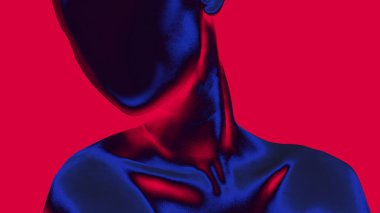 Gerçeküstü görüntü. Koyu kırmızı arka plan, parlak omuz ve boyun renkleriyle, pürüzsüz eğimlerle, yüzsüz mavi figüre zıt düşüyor. Dokulu ses efekti. Kontrast, sessizlik, varlık, kimlik kavramı.