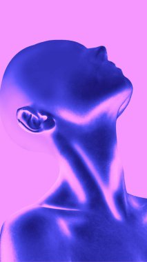 Minimalist sanat eserleri. Yumuşak, parlak mor ışıktaki yüzü olmayan şahıs başını kaldırıyor, boyun ve omuzlarla ilgili detaylar. Dokulu ses efekti. Sakinlik kavramı, iç huzur, yalnızlık, biçim..