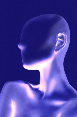 Kavramsal sanat tasarımı. Pürüzsüz omuzları ve yumuşak ortam parlaklığında görülen kulakları olan parlak mor bir figür. Dokulu ses efekti. İçgözlem kavramı, sakinlik, minimalizm.