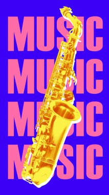 Poster. Çağdaş sanat kolajı. Pembe metindeki sarı saksafon MÜZİK ve mavi arkaplan, Memphis tarzında cesur ve canlı, caz konser havasını çağrıştırıyor. Müzik, festival, ses kavramı.