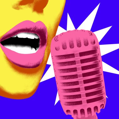 Poster. Kavramsal kolaj. Memphis tarzı pop müziğin arka planında, ses ve ritmi ifade eden açık bir ağız ve retro mikrofon. Müzik, festival, konser, vokal performansı kavramı