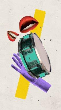 Poster. Çağdaş sanat kolajı. Mor el trampet tutar. Kırmızı dudaklarla çevrili. Arka planda, ritim ve enerji dolu. Pop sanat tarzı. Ses ve ses ritmi kavramı