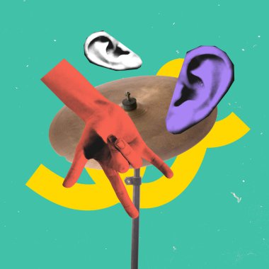 Poster. Çağdaş sanat kolajı. Kırmızı el zilin önünde kaya jesti oluştururken renkli kulaklar yeşil arka planda süzülüyor. Etkileyici bir tarz. Ritim ve gürültü kavramı