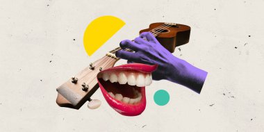 Grafik çizimleri. Mor el ukulele boynu çalarken açık kırmızı dudaklar aşağıdaki kremsi arka planda geometrik noktalarla şarkı söylüyor. Soyut sanat tarzı. Karnaval kavramı, şarkı söyleme ve kişisel ifade.