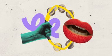 Poster. Çağdaş sanat kolajı. Yeşil el kırmızı dudakların yanında tef tutar. Arkaplanda ise soyut mor çizgiler ve ritim yaratır. Minimalist. Kutlama ve müzik kavramı