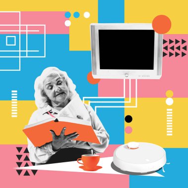 Kavramsal sanat kolajı. Görünmez yardım, robot süpürge renkli arka planda temizlik yaparken yaşlı bir kadının TV 'nin yanında okuduğunu gösteriyor. Retro piksel sanatı. Yaşlı bakımı, akıllı teknoloji, yapay zeka, ev konforu kavramı