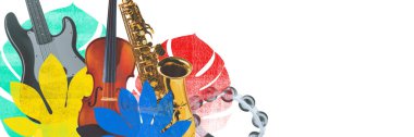 Pankart. Kavramsal sanat kolajı. Orman bitkisi gibi stilize edilmiş yapraklardan enstrümanlar çiçek açar, vahşi uyum içinde türleri karıştırırlar. Music Fusion Garden 'da. Tür karışımı kavramı, yaratıcı birlik, seslerin birleşimi