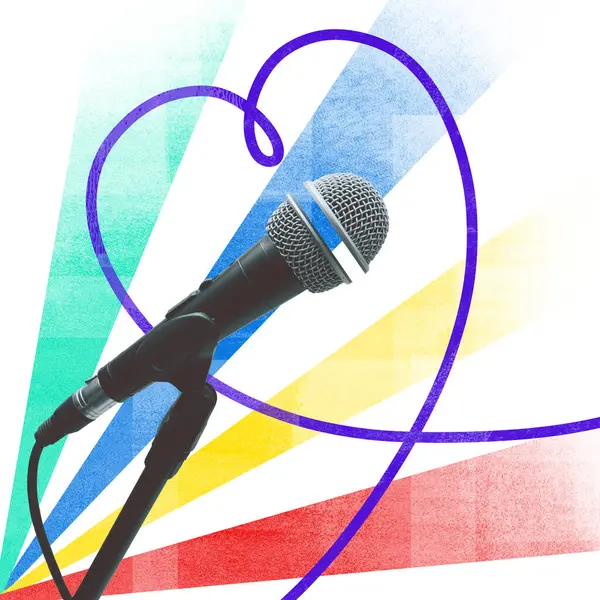 Çağdaş sanat kolajı. Kalp şeklindeki kabloya sarılı mikrofon renkli tutku dalgaları yayar. Kulis Nabzı. Sanatçı bölgesi kavramı, sahne arkası atmosferi, festival, karnaval