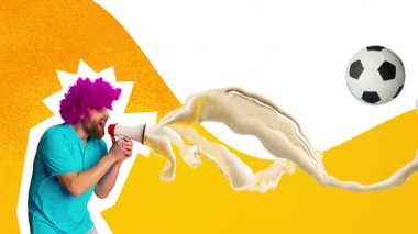 Hareketi durdur. Animasyon klibi. Mor peruklu bir adam megafona bağırıyor ve futbol topuyla bira dalgası süzülüyor. Moda dergisi tarzı. Uluslararası bira günü kavramı, taraftarlar, yarışma