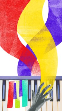 Çağdaş sanat kolajı. Canlı ses dalgaları yükselirken el piyano tuşlarına dokunur ve soyut bir kompozisyon oluşturarak hayali festival dizilimini oluşturur. Sıralama Vibes. Festival posteri ve müzik kavramı