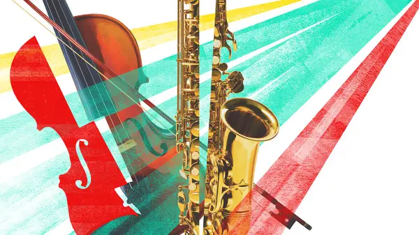 Çağdaş sanat kolajı. Soyut dalgalar ve semboller elektro gitarın etrafında canlı performanstan önce ses kontrolü simülasyonu yaparak uçar. Ses kontrolü talebi. Prova atmosferi kavramı, etkinlik hazır