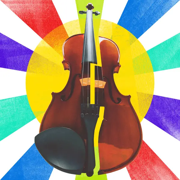 Çağdaş sanat kolajı. Keman renkli radyal ışınların altında parlak sarı güneş altında parlıyor ve derin bir müzik bağlantısı çağrıştırıyor. Klasik aşk işte. Müzik klasikleri ve festival aşkı kavramı