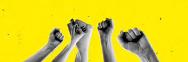 Pankart. Kavramsal sanat kolajı. Siyah ve beyaz yumruklar, canlı sarı arka plana karşı yükseldi, gücü ve toplu bildirimi kanalize etti. Anlaşıldı, tamam. Protesto ve sosyal güç kavramı