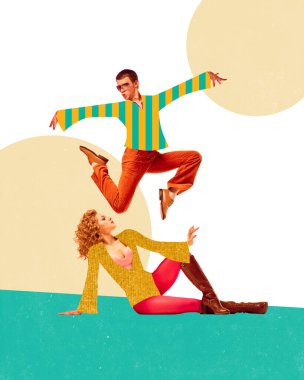 Modern kolaj posteri. Enerji dolu atlayışlar ve çizgili ve eski moda kıyafetlerle Pastel arka planda geçmişe dönük dansçılar pozu. Parti, hareket ve retro kutlama kavramı.