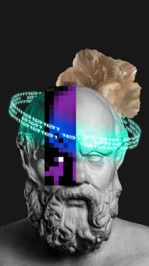 Kavramsal sanat kolajı. Sakallı mermer başlıklı, çiçekli ve dijital ikili yüzüklü kısmen piksel sesiyle kaplı. Teknoloji çağı kavramı, iç basınç, analog dijitale karşı, bilgi aşırı yüklenmesi.