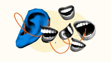 Yaratıcı sanat kolajı. Turuncu çizgiye dolanmış dev mavi renkli kulak onu kahkahalar ve bağırışlarla birbirine bağlıyor, gürültülü söylemi ve duyulmayı sembolize ediyor. İletişim aşırı yüklenmesi kavramı