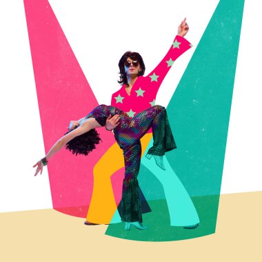 Cesur renkli bir poster. Diskodaki adam renkli gerçeküstü ışınlar altında ışıldayan kadını canlı, soyut spot ışıkları zeminine kaldırıyor. Müzik ritmi, retro güç ve gösterişli performans kavramı.