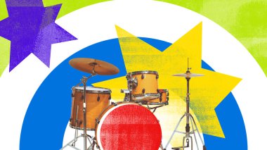 Poster. Kavramsal sanat tasarımı. Davul seti yıldızların ve şekillerin altında görsel enerjiyle patlar ve gecenin en yüksek ritmini gösterir. Bas bırakma anı. Müzik anlayışı, ritim patlaması, parti vuruşu