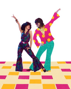 Yaratıcı modern sanat eserleri. Tuhaf bir çift, erkek ve kadın eski moda giyinmiş, damalı disko zemininde canlı retro kostümler ve dinamik pozlarla dans ediyorlar. 90 'ların parti havası ve müzik enerjisi kavramı