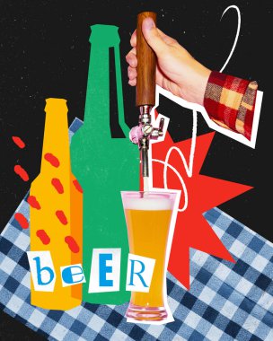 Kavramsal sanat tasarımı. Arka planda renkli şişeler olan uzun bardağa bira dolduruyor. Kağıt kesiği. Bar kültürü, el yapımı içecek, servis, eğlence ve sosyal etkinlik kavramı.