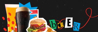 Pankart. Soyut sanat kolajı. Hamburgerli açık ve koyu biralar ve soyut koyu arka planda eğlenceli bira harfleri. Kağıt kesiği. Yemek kombinasyonu, parti, neşeli yaz, zevk ve rahatlama havası..