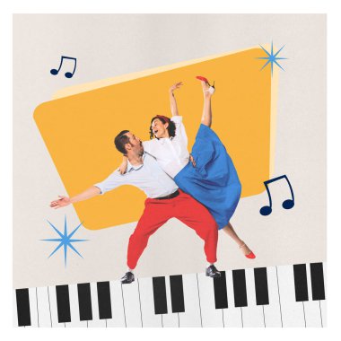 Çağdaş sanat kolajı. Soyut piyano tuşları ve müzik notaları ve yıldızlarla birlikte turuncu zemin üzerinde dinamik bir şekilde poz veren eski tarz dans eden çift. Salıncak, hareket, müzik, klasik kültür kavramı.