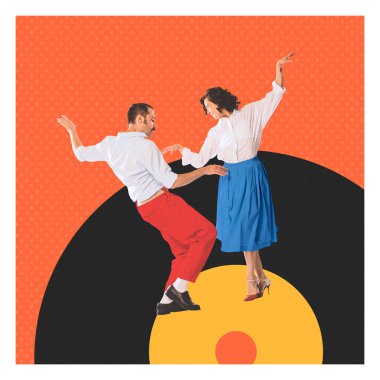 Çağdaş sanat kolajı. Klasik giysiler içinde dans eden çift, pop-sanat tarzında noktalı arkaplanı olan turuncu vinil diskte eğlenceli hareketler yapıyor. Retro parti kavramı, caz, ritim, dans eğlencesi.