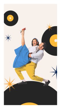Çağdaş sanat kolajı. Erkek, soyut plak tasarımı ve retro starlar ve minimalist arka planla dans ederken neşeli kadını havaya kaldırıyor. Kutlama kavramı, neşe, caz, müzik yaşam tarzı.