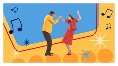 Çağdaş sanat kolajı. Plak elementleri ve ışıltılı retro-ışıltılı, güneşli arka planda koyu kırmızı ve sarı kıyafetlerle dans eden çift. Keyif anlayışı, gösteri dansı, parti, klasik mutluluk..