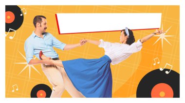 Çağdaş sanat kolajı. Parlak etekli bir kadın tek bacağının üzerinde dengede dururken, partneri onu müzik notalarıyla vinil zemin boyunca şakacı bir şekilde çekiyor. Swing dansı, eğlence, retro yaşam tarzı kavramı.