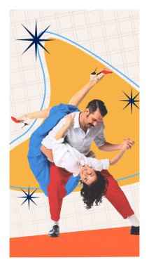 Halk sanatı kolajı. Parlak kırmızı pantolonlu bir eş tarafından çarpıcı bir şekilde rengarenk arka plandaki grafik yıldızlarına karşı batırılmış bir kadın. Gelenek anlayışı, parti dansı, retro müzik yaşam tarzı.