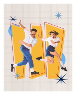 Çağdaş sanat kolajı. Dinamik ikili, soyut paneller ve retro yıldızlarla birlikte grafiksel pop arkaplanının üzerinden senkronize bir şekilde ileriye sıçrıyor. Gösteri sanatı, salıncak, caz, eğlence deneyimi kavramı.