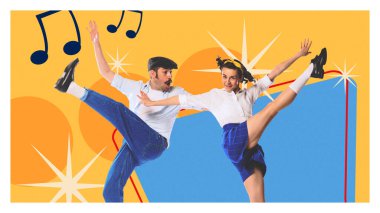 Kavramsal sanat kolajı. Erkek ve kadın, canlı sarı-turuncu bir pozla yüksek salıncakta salınıyorlar. Plaktan esinlenilmiş elementler ve atomik grafiklerle. Klasik parti anlayışı, caz tarzı, kutlama..