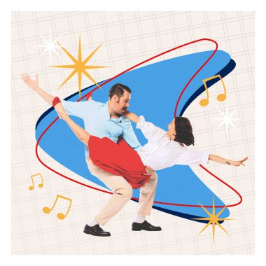Yaratıcı sanat eserleri. Klasik retro görünümlü çift, müzik notalarıyla çevrili anlamlı dans pozu veriyor ve yıldız, mavi şekilli bej arkaplan patlamaları yaşıyor. Klasik ritim kavramı, hareket, müzik.