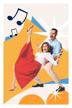 Halk sanatı kolajı. Kırmızı etekli, kıvrımlı, müzik notalarıyla çevrili etkileyici dans duruşu içinde gülen bir çift. Mutluluk kavramı, performans, halk ritmi, eğlence sahnesi.