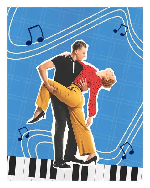 Çağdaş sanat kolajı. Klasik kıyafetli bir çift, grafiksel piyano zemininde, kıvrımlı çizgiler ve mavi arka planda notalar eşliğinde yakın dans ediyor. Tutku kavramı, ritim, retro aşk, caz.