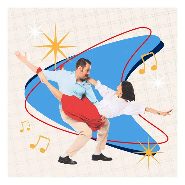 Yaratıcı sanat eserleri. Klasik retro görünümlü çift, müzik notalarıyla çevrili anlamlı dans pozu veriyor ve yıldız, mavi şekilli bej arkaplan patlamaları yaşıyor. Klasik ritim kavramı, hareket, müzik.