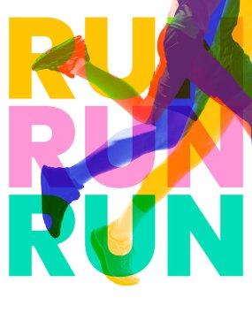 Çağdaş sanat kolajı. Poster. Çok renkli katmanlı koşucular, RUN tipografisini tekrarlayarak güçlü bir hareket ve eğitim döngüsü yaratıyorlar. Spor, turnuva, enerji, momentum kavramı