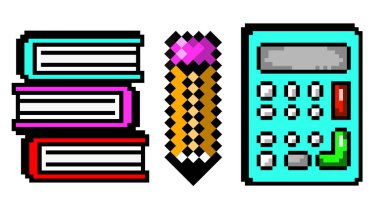 Üstüste dizilmiş ders kitapları, sivriltilmiş kalemler ve beyaz arkaplanda mavi hesap makinesi olan pikselsel stil eğitim kompozisyonu. Gençlik sanat festivalleri için marka varlıkları kavramı