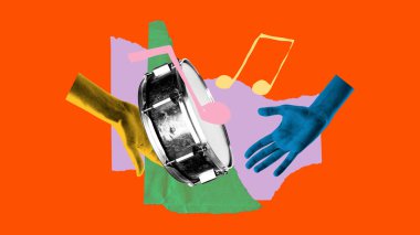 Trampetin grafiksel kolajı ve iki el, büyük boyutlu notalar ve katmanlı kağıt dokularla çevrili. Ritim eğitimi kavramı, çocukların performans görselleri, enstrüman tanıtımı