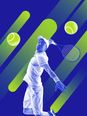 An energetic tennis athlete is depicted in a lively, colorful illustration featuring an array of tennis balls and geometric shapes. Concept of mental health apps, couching